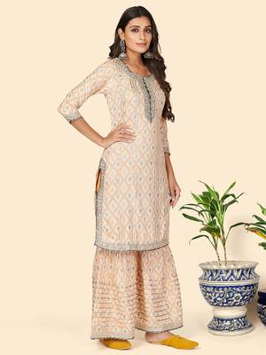 Print & Gota Patti Straight Muslin Yellow Stitched Kurta Sharara With Dupatta 5