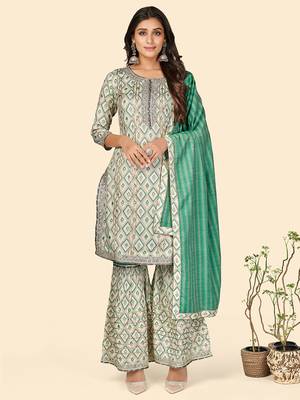 Print & Gota Patti Straight Muslin Turquoise Stitched Kurta Sharara With Dupatta 1