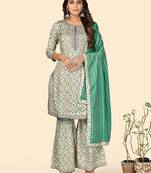 Print & Gota Patti Straight Muslin Turquoise Stitched Kurta Sharara With Dupatta