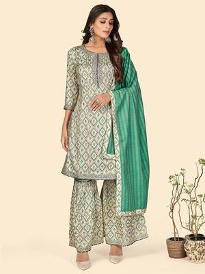 Print & Gota Patti Straight Muslin Turquoise Stitched Kurta Sharara With Dupatta 2
