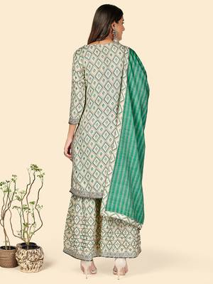 Print & Gota Patti Straight Muslin Turquoise Stitched Kurta Sharara With Dupatta 3