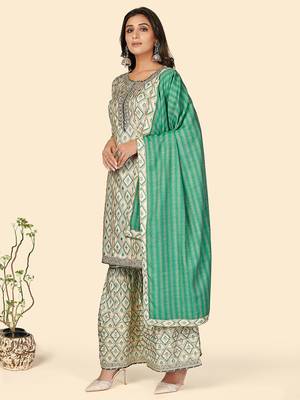 Print & Gota Patti Straight Muslin Turquoise Stitched Kurta Sharara With Dupatta 4