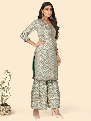 Print & Gota Patti Straight Muslin Turquoise Stitched Kurta Sharara With Dupatta 5