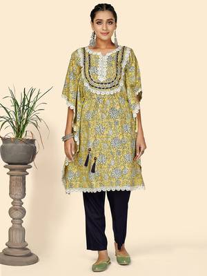 Print & Lace work  Cotton Yellow Stitched Kaftan Kurta With Pant Set 1