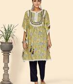 Print & Lace work  Cotton Yellow Stitched Kaftan Kurta With Pant Set