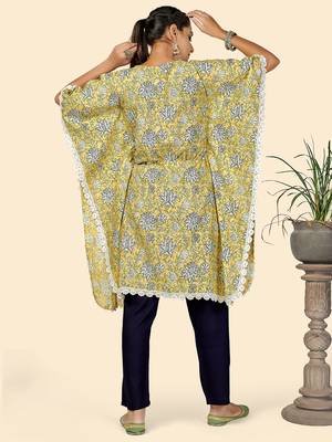Print & Lace work  Cotton Yellow Stitched Kaftan Kurta With Pant Set 2