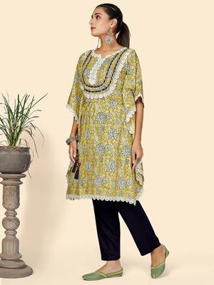 Print & Lace work  Cotton Yellow Stitched Kaftan Kurta With Pant Set 3