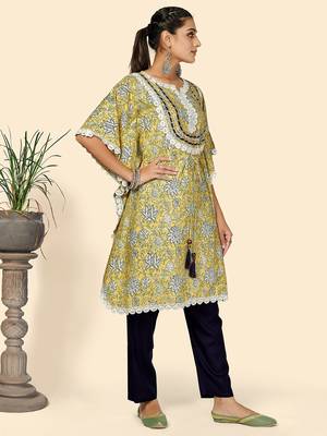 Print & Lace work  Cotton Yellow Stitched Kaftan Kurta With Pant Set 4