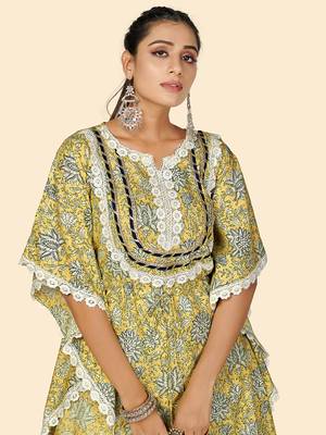Print & Lace work  Cotton Yellow Stitched Kaftan Kurta With Pant Set 5
