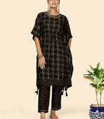 Foil Print  Muslin Black Stitched Kaftan Kurta With Pant Set