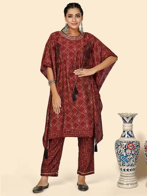 Foil Print  Muslin Maroon Stitched Kaftan Kurta With Pant Set 1