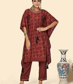 Foil Print  Muslin Maroon Stitched Kaftan Kurta With Pant Set