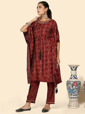 Foil Print  Muslin Maroon Stitched Kaftan Kurta With Pant Set 4