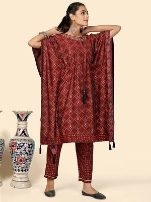 Foil Print  Muslin Maroon Stitched Kaftan Kurta With Pant Set 5