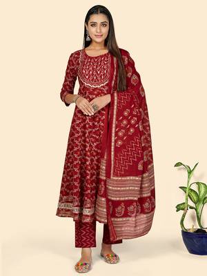 Print & Embroidered Anarkali Cotton Red Stitched Kurta Pant With Dupatta 1
