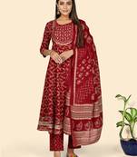 Print & Embroidered Anarkali Cotton Red Stitched Kurta Pant With Dupatta