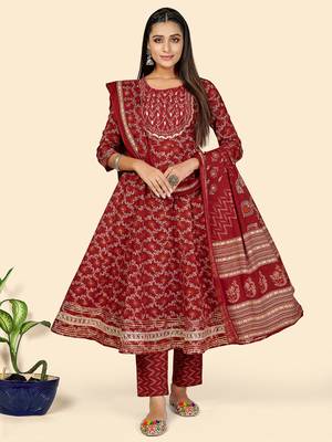 Print & Embroidered Anarkali Cotton Red Stitched Kurta Pant With Dupatta 2
