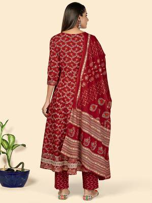 Print & Embroidered Anarkali Cotton Red Stitched Kurta Pant With Dupatta 3