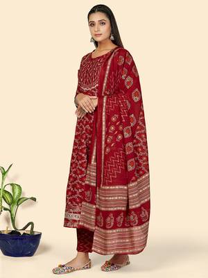 Print & Embroidered Anarkali Cotton Red Stitched Kurta Pant With Dupatta 4