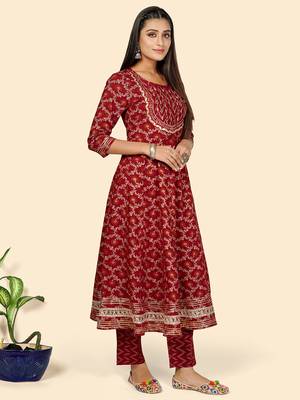 Print & Embroidered Anarkali Cotton Red Stitched Kurta Pant With Dupatta 5