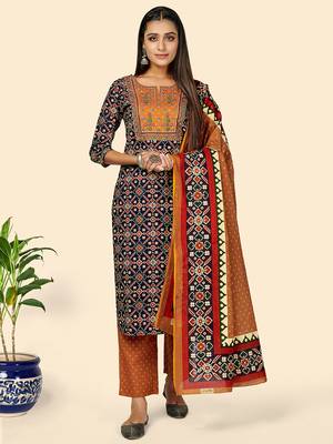 Print & Embroidered Straight Cotton Blue Stitched Kurta Pant With Dupatta 1
