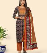 Print & Embroidered Straight Cotton Blue Stitched Kurta Pant With Dupatta