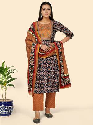Print & Embroidered Straight Cotton Blue Stitched Kurta Pant With Dupatta 2