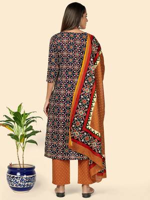 Print & Embroidered Straight Cotton Blue Stitched Kurta Pant With Dupatta 3