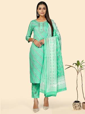 Print & Embroidered Straight Cotton Turquoise Stitched Kurta Pant With Dupatta 1