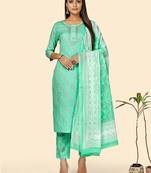 Print & Embroidered Straight Cotton Turquoise Stitched Kurta Pant With Dupatta