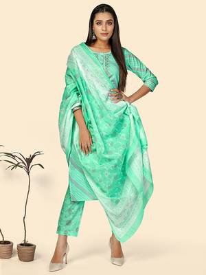 Print & Embroidered Straight Cotton Turquoise Stitched Kurta Pant With Dupatta 2