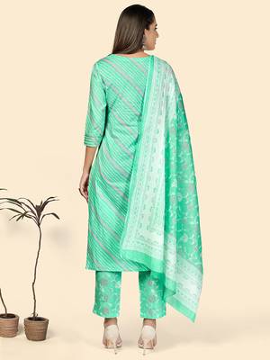 Print & Embroidered Straight Cotton Turquoise Stitched Kurta Pant With Dupatta 3