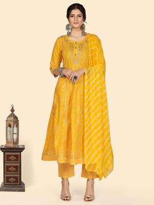Bandhani & Embroidered Anarkali Cotton Yellow Stitched Kurta Pant With Dupatta 1