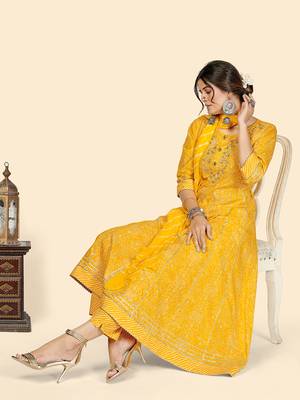 Bandhani & Embroidered Anarkali Cotton Yellow Stitched Kurta Pant With Dupatta 2