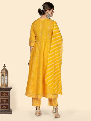 Bandhani & Embroidered Anarkali Cotton Yellow Stitched Kurta Pant With Dupatta 3