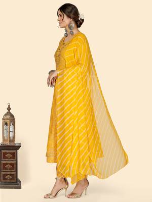 Bandhani & Embroidered Anarkali Cotton Yellow Stitched Kurta Pant With Dupatta 4
