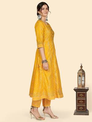 Bandhani & Embroidered Anarkali Cotton Yellow Stitched Kurta Pant With Dupatta 5