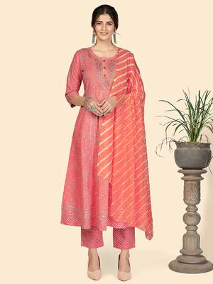 Bandhani & Embroidered Anarkali Cotton Pink Stitched Kurta Pant With Dupatta 1