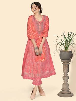 Bandhani & Embroidered Anarkali Cotton Pink Stitched Kurta Pant With Dupatta 2