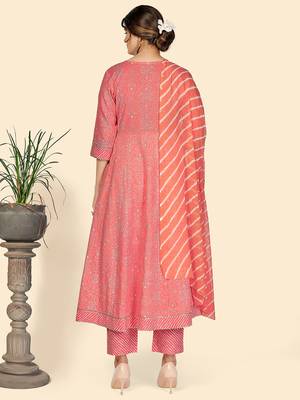 Bandhani & Embroidered Anarkali Cotton Pink Stitched Kurta Pant With Dupatta 3