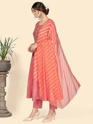 Bandhani & Embroidered Anarkali Cotton Pink Stitched Kurta Pant With Dupatta 4