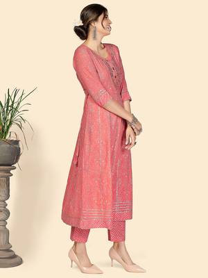 Bandhani & Embroidered Anarkali Cotton Pink Stitched Kurta Pant With Dupatta 5