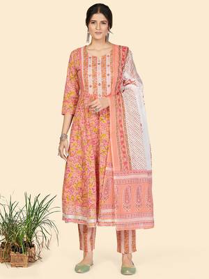 Print & Embroidered Anarkali Cotton Peach Stitched Kurta Pant With Dupatta 1