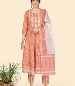 Print & Embroidered Anarkali Cotton Peach Stitched Kurta Pant With Dupatta