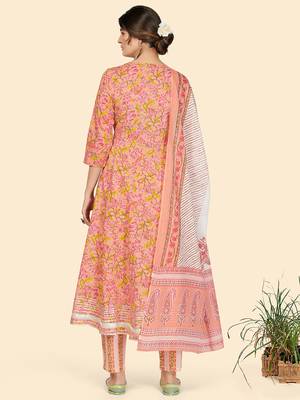 Print & Embroidered Anarkali Cotton Peach Stitched Kurta Pant With Dupatta 2