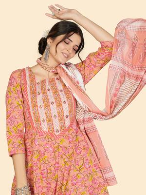 Print & Embroidered Anarkali Cotton Peach Stitched Kurta Pant With Dupatta 4