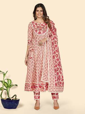 Print & Hand Work Anarkali Cotton Peach Stitched Kurta Pant With Dupatta 1