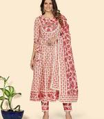 Print & Hand Work Anarkali Cotton Peach Stitched Kurta Pant With Dupatta