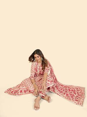 Print & Hand Work Anarkali Cotton Peach Stitched Kurta Pant With Dupatta 2
