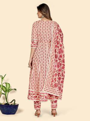 Print & Hand Work Anarkali Cotton Peach Stitched Kurta Pant With Dupatta 3
